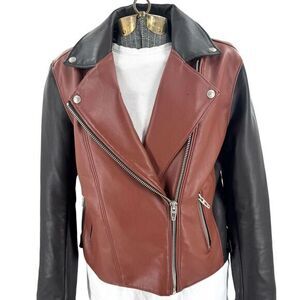 Blank NYC Jacket Two Tone Black and Brown Faux Leather Moto Jacket Zip Women's S